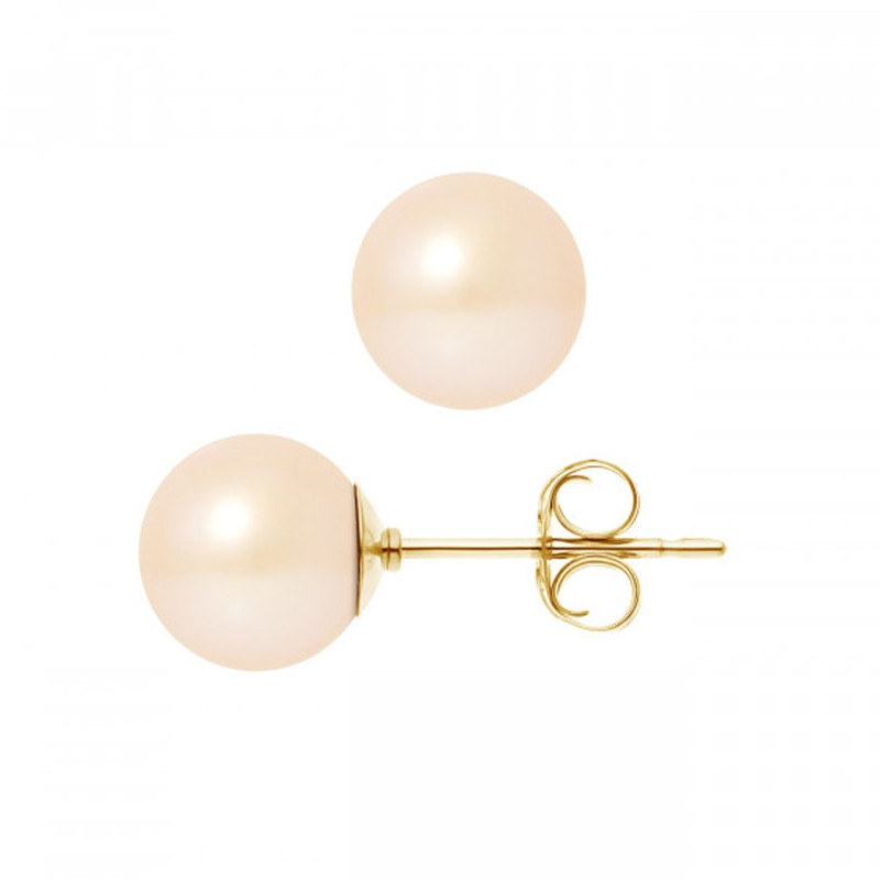 Boucles d'Oreilles Perles de Culture d'eau douce Roses 7.5-8 mm et or jaune 750/1000