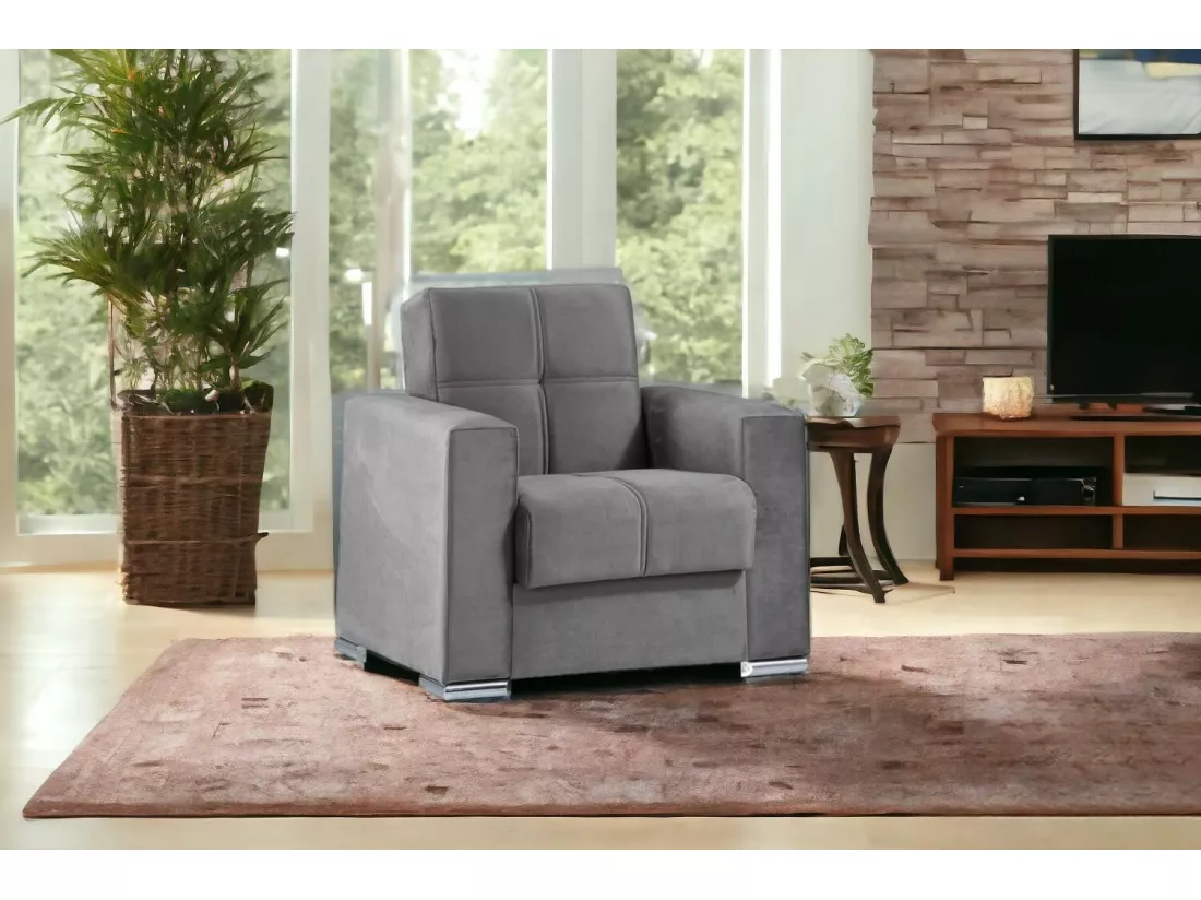 Canapé Jose, Fauteuil conteneur pour salon convertible en lit, Fauteuil relax en tissu rembourré avec ouverture clic-clac, 94x85h91 cm, Gris