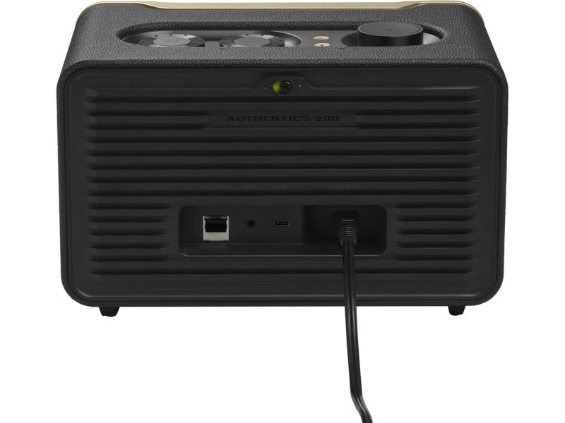 JBL Bluetooth Speaker Authentics 200 Schwarz Smart-Home-Lautsprecher mit WLAN, Bluetooth und Sprachassistent im Retro-Design