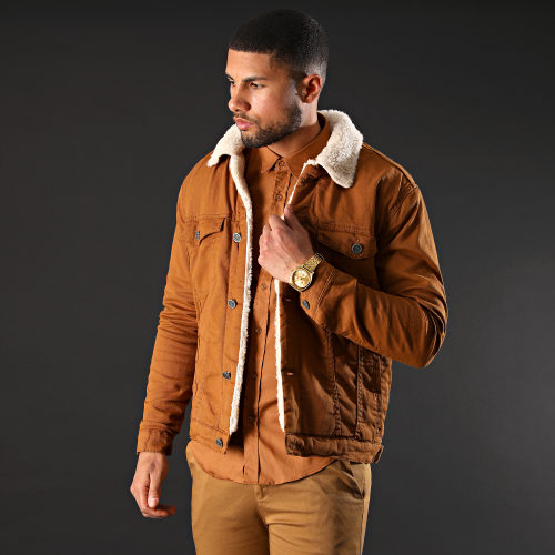 Veste Jean Super Slim Fit A Col Mouton 5004 Camel Blanc