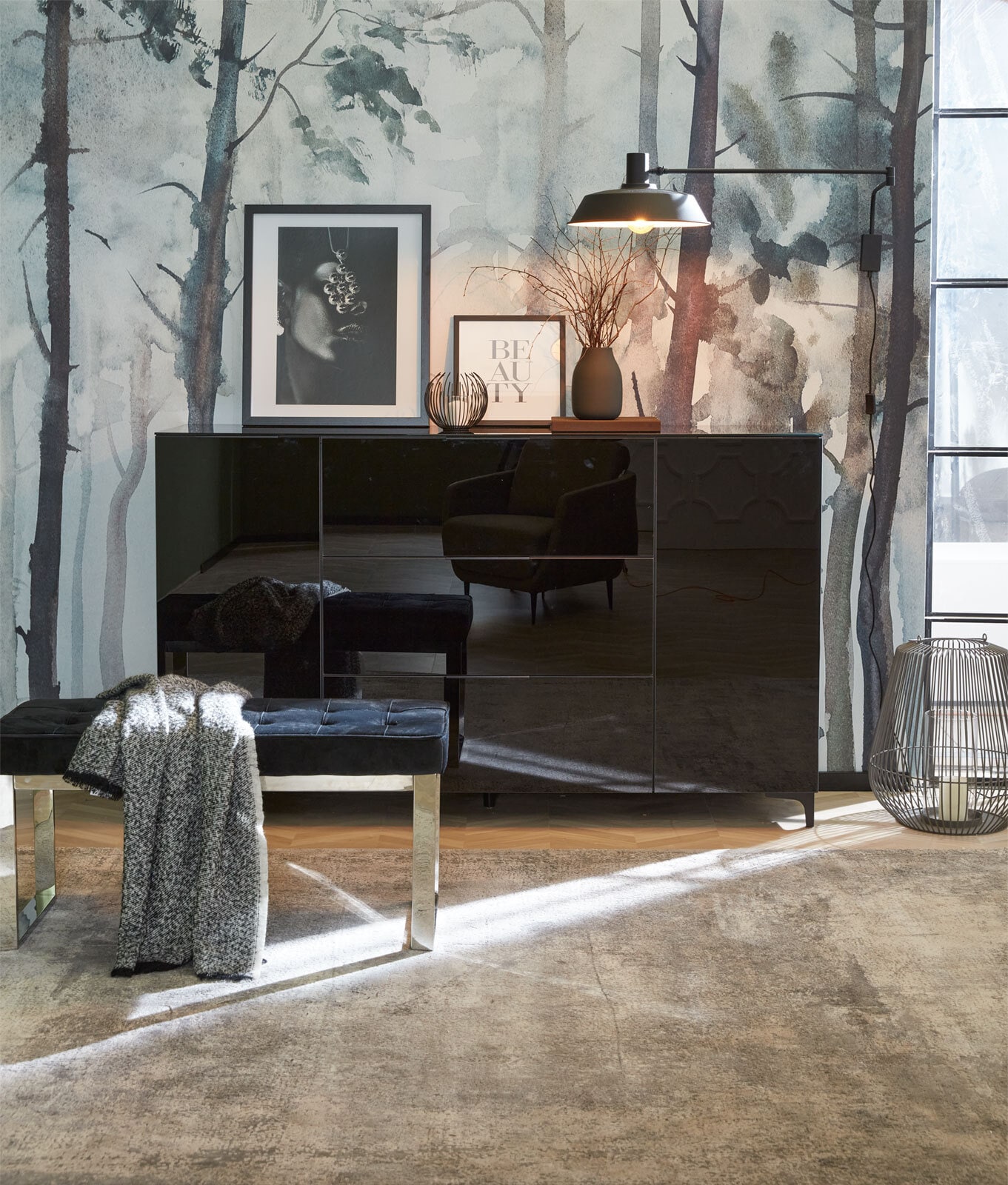 Bank RONJA I 100 x 48 x 41 cm Samtbezug schwarz