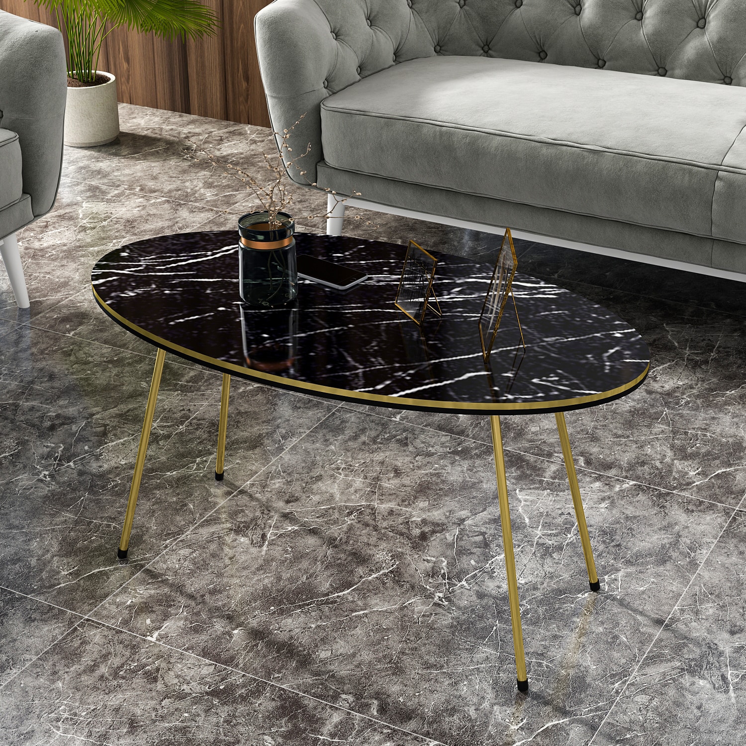 Couchtisch Marmor Optik Oval Schwarz 21936979