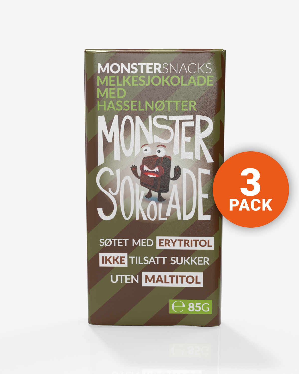Monster Lavkarbo Belgisk Melkesjokolade m\Hasselnøtt – UTEN MALTITOL 3x85g