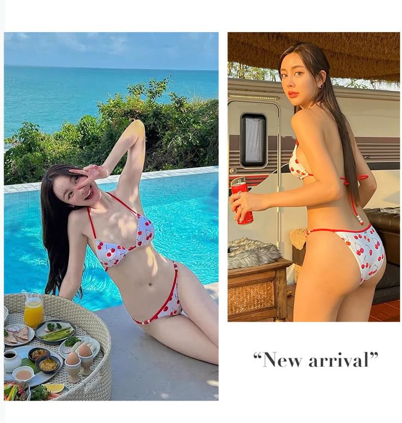 Hipper - Halter kersenprint bikinitop / broekje / cover-up rok / set