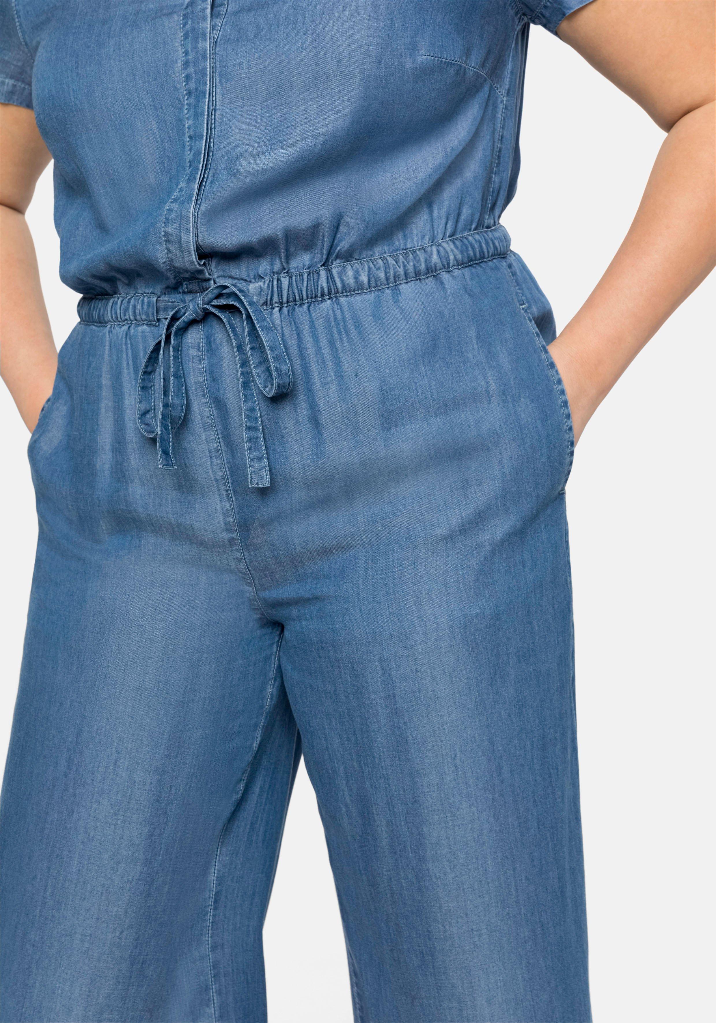 Overall in Denim-Optik, mit Taillen-Bindeband
