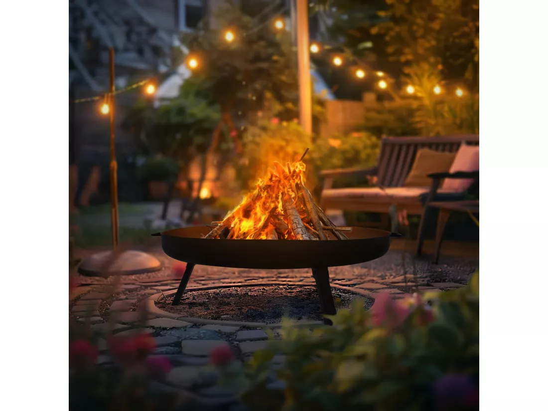 Bol à feu basero acier noir avec 3 pieds pliables foyer grille barbecue Ø80x29cm