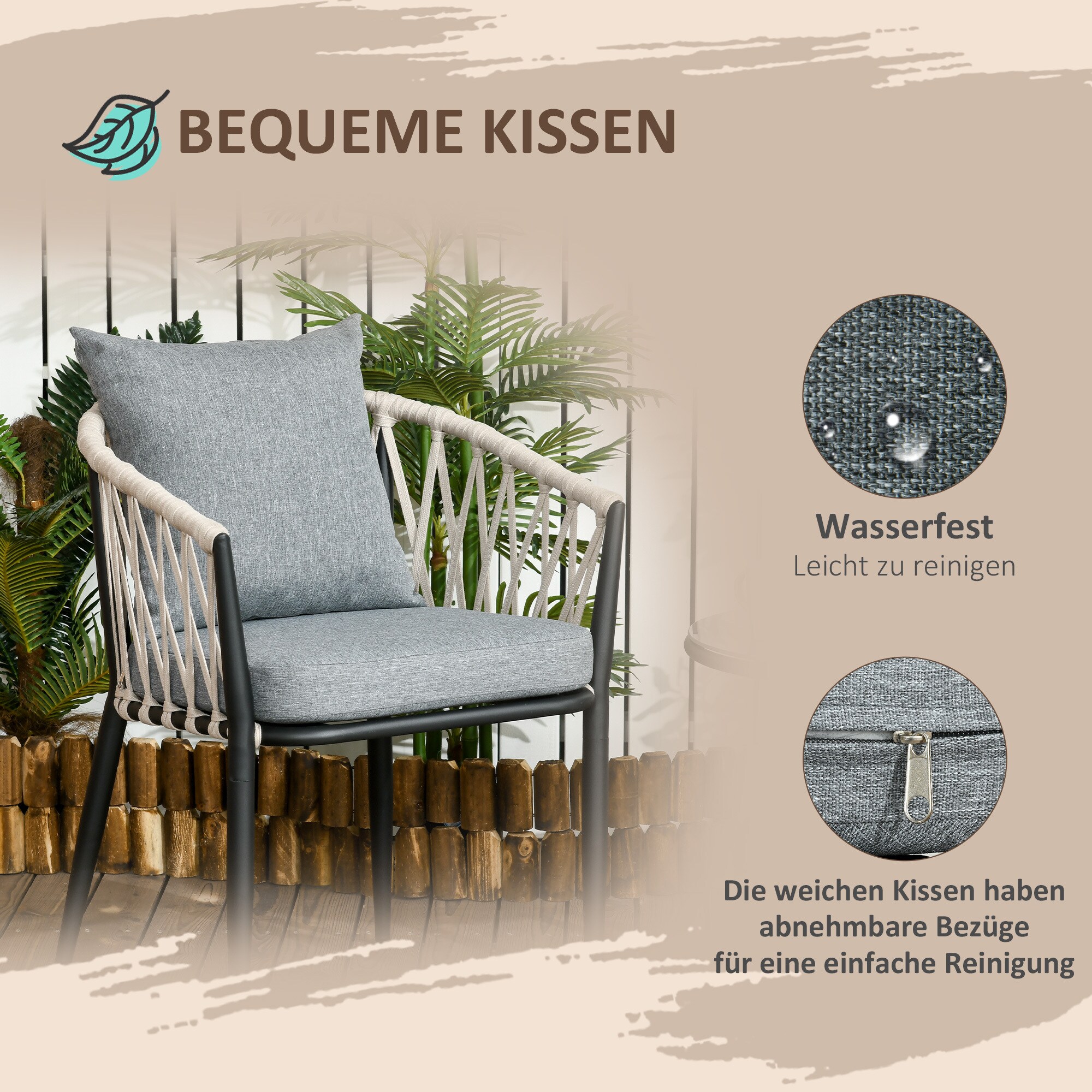 Outsunny Bistro-Set mit Sitzkissen grau 57L x 60B x 75H cm