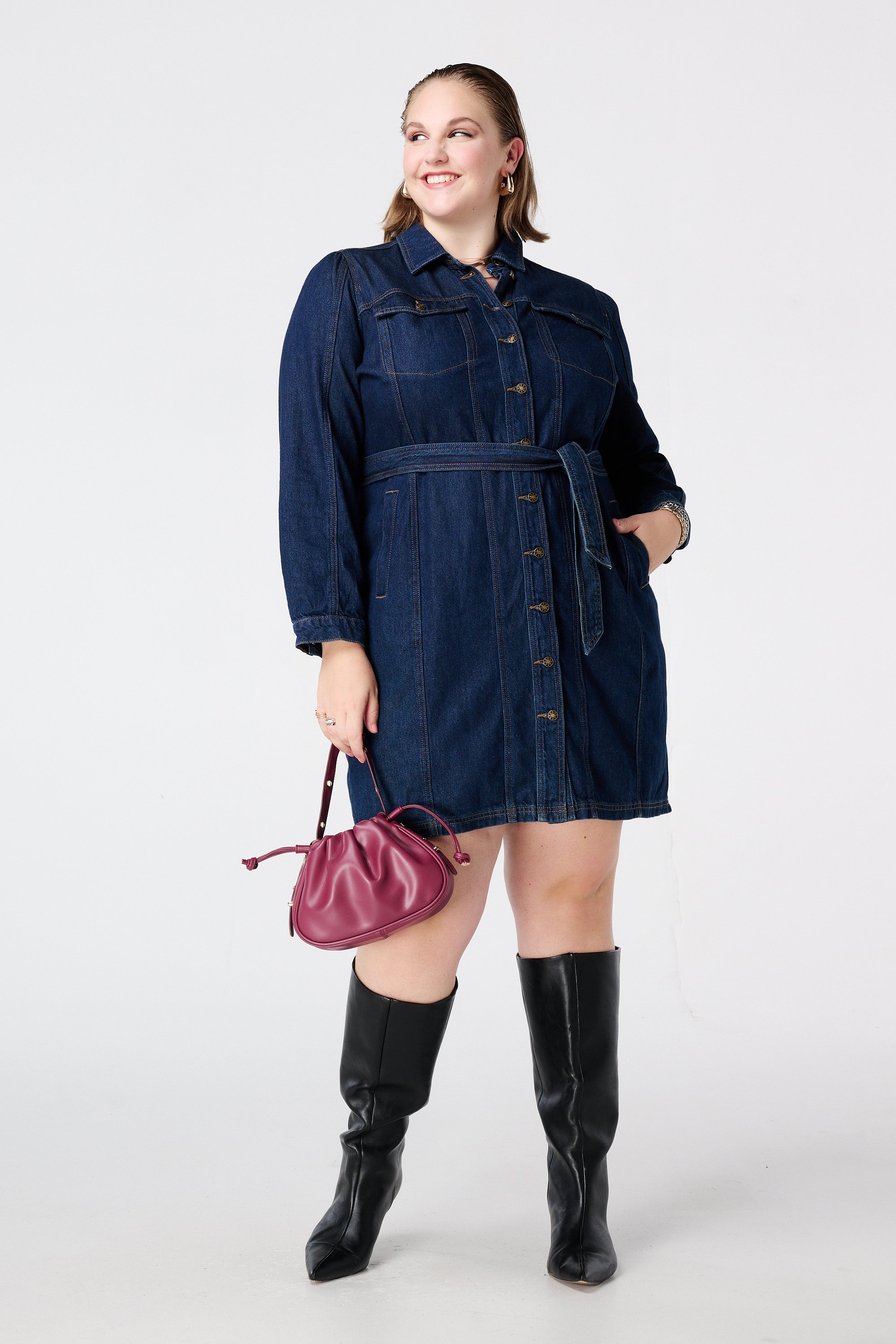 Denim jurk met strikceintuur Rinse Washed Denim