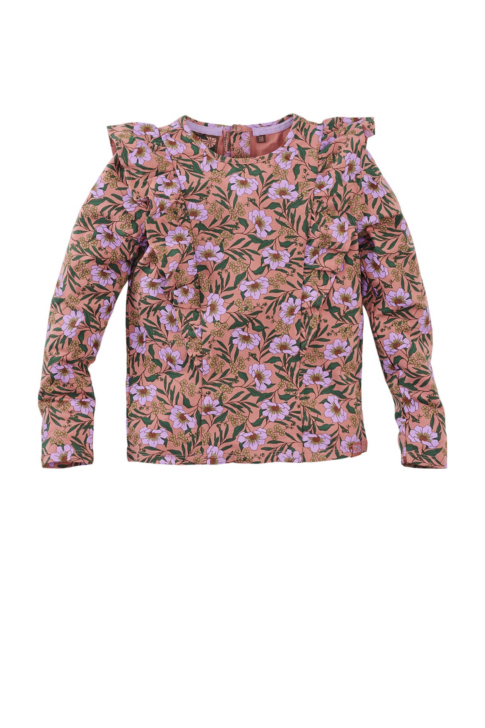 Z8 longsleeve Yelina met ruches zalmroze/roze/groen