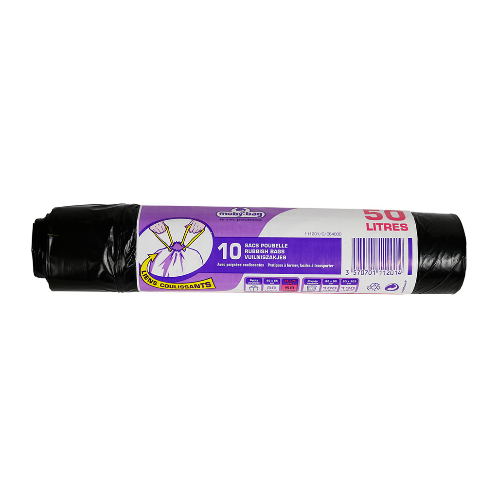 Lot de 10 sacs poubelle liens coulissants noir 50L