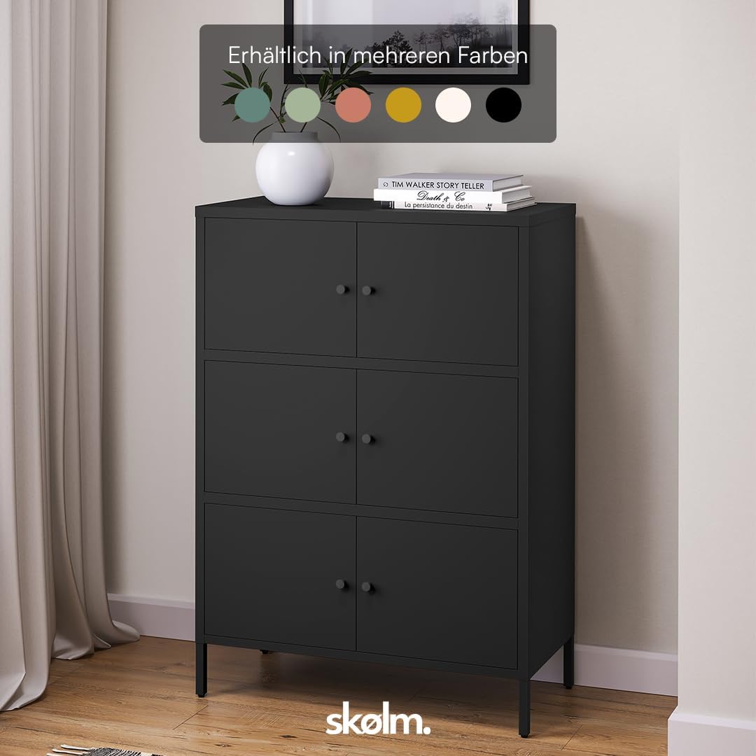 skølm Atriona Metall Kommode – Sideboard mit 3 Fächern & 6 Türen – Metallschrank in Schwarz – Mehrzweckschrank – Highboard 80 cm breit – höhenverstellbare Füße – Aufbewahrungsschrank – Flurschrank