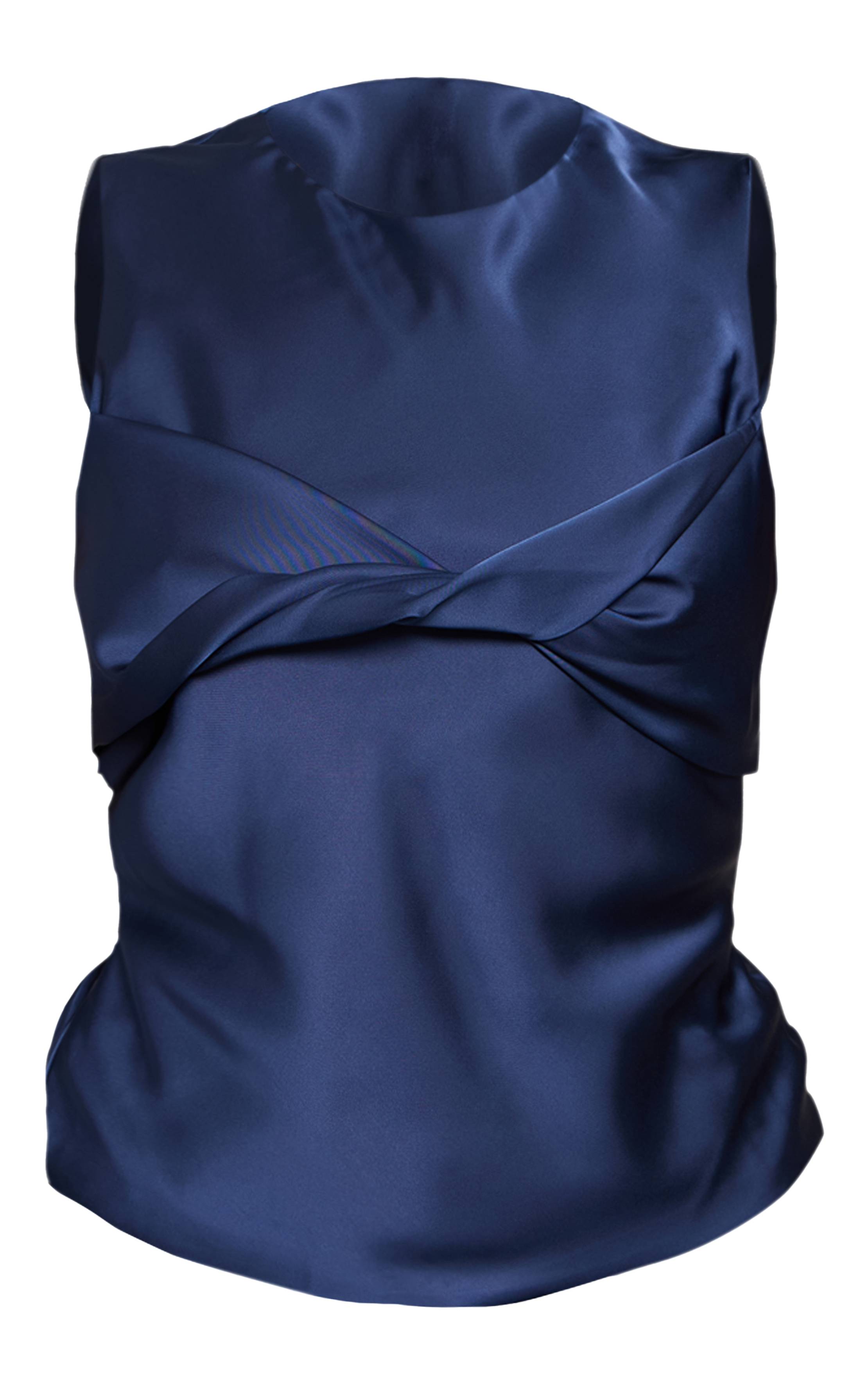 Bleu Marine Haut Long En Satin À Détail Torsadé Superposé