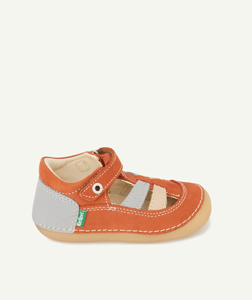 KICKERSLES SANDALES EN CUIR ROUILLE GRISE ET BEIGE