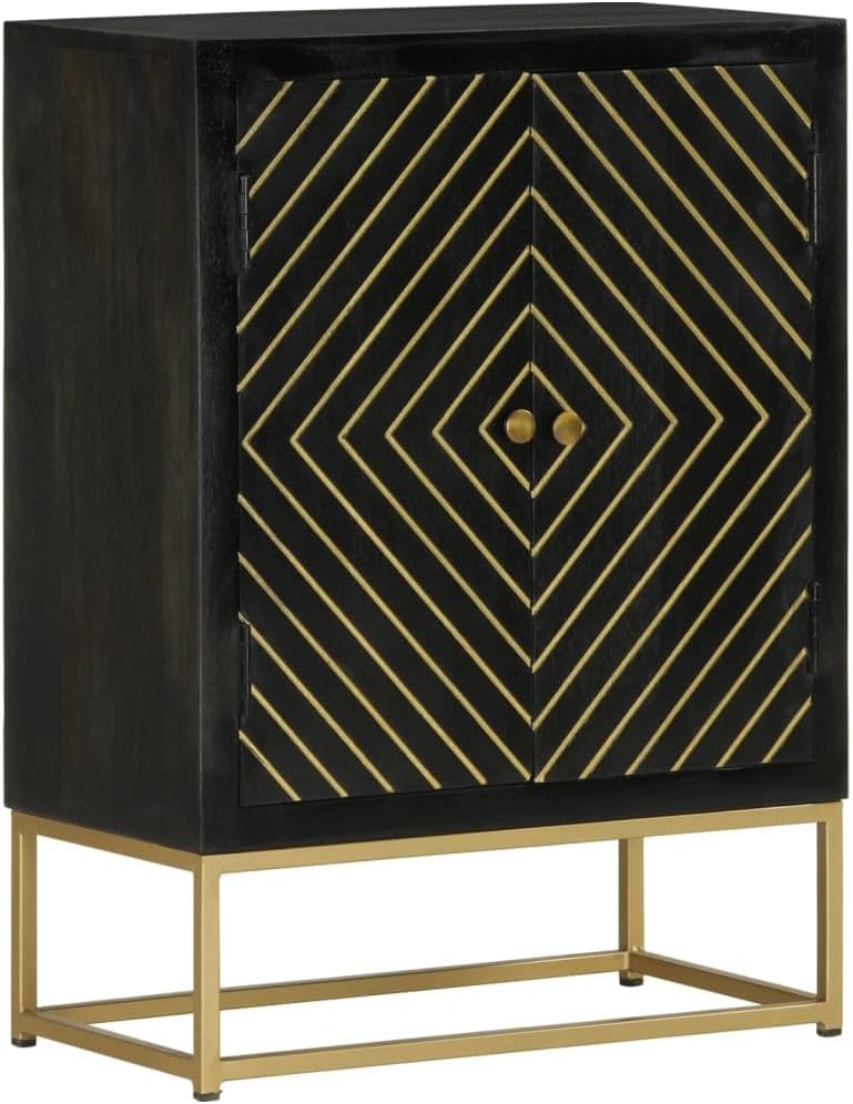vidaXL Sideboard, Kommode mit 2 Fächern, Wohnzimmerschrank Anrichte mit 2 Türen, Schrank Beistellschrank Flurschrank, Schwarz Gold Massivholz Mango