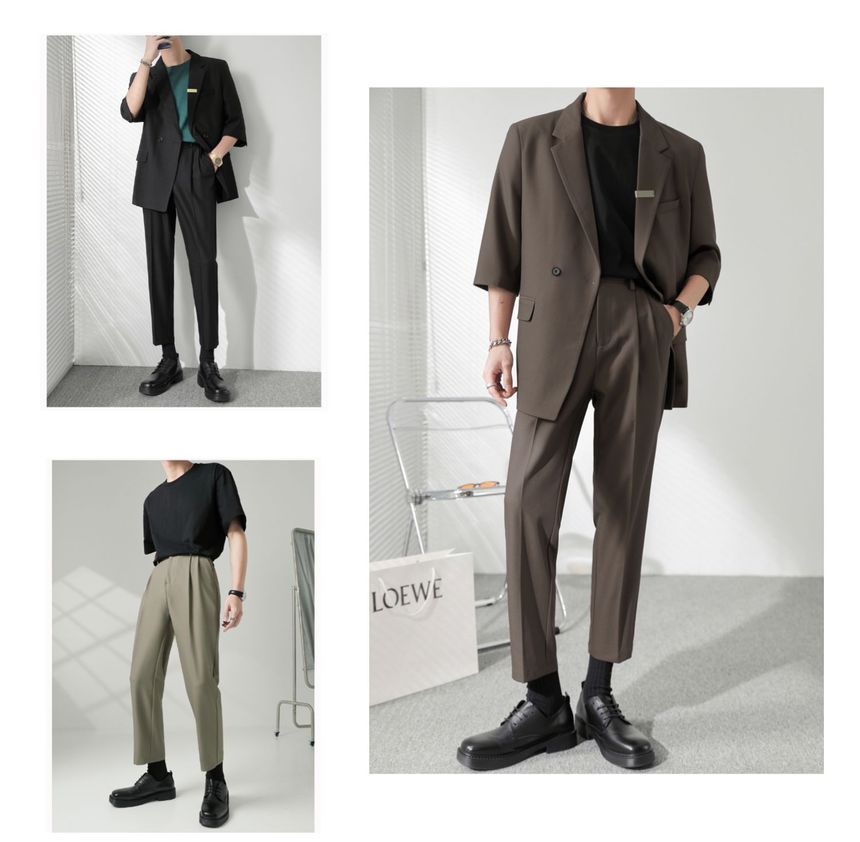 Naideth - Set: Reverskraag Effen Dubbelrijs Blazer + Middelhoge Rechte Broek
