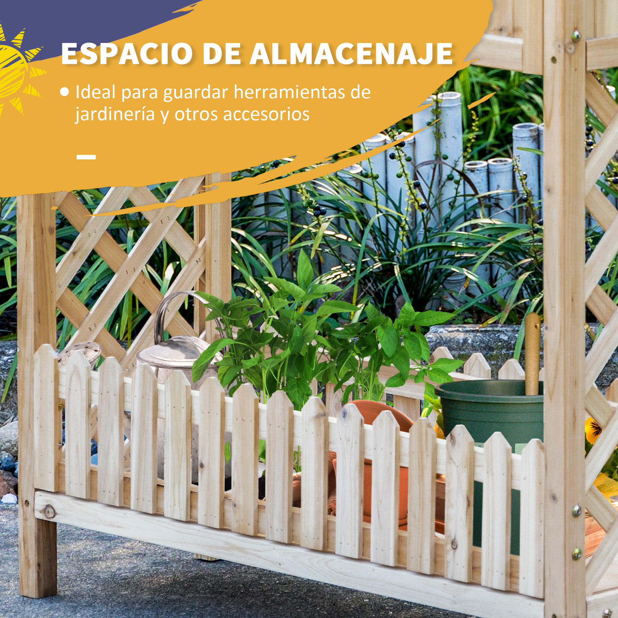 Canteiro elevado de madeira Outsunny para jardim urbano, 90x30x90 cm, com prateleira inferior, cerca viva decorativa e 4 orifícios de drenagem para plantas, vasos e flores (cor natural).