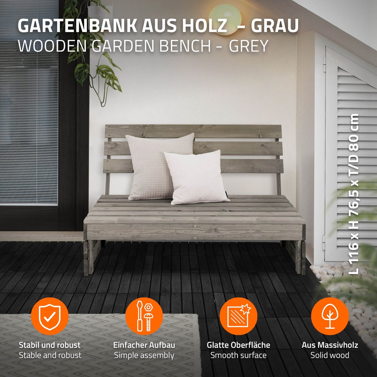 ECD Germany 3-zits tuinbank van massief dennenhout, 116x76,5x80 cm, grijs, robuust & weerbestendig, bank met rugleuning, houten bank, terrasbank, tuinmeubelen, bank voor tuin, balkon, terras