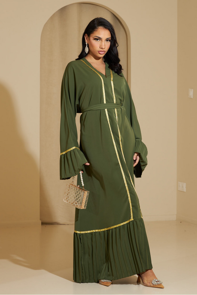 Abaya kaki fluide à dorures et plissées