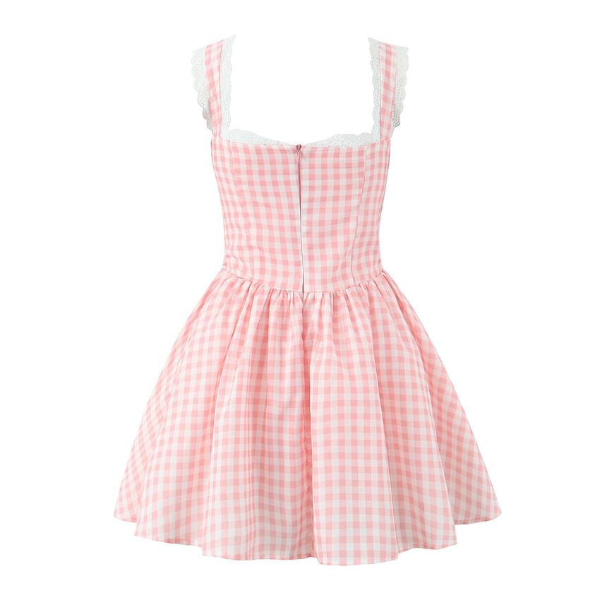 Cumulys - Mouwloze Sweetheart Neck Gingham Ruffle Mini A-lijn Jurk