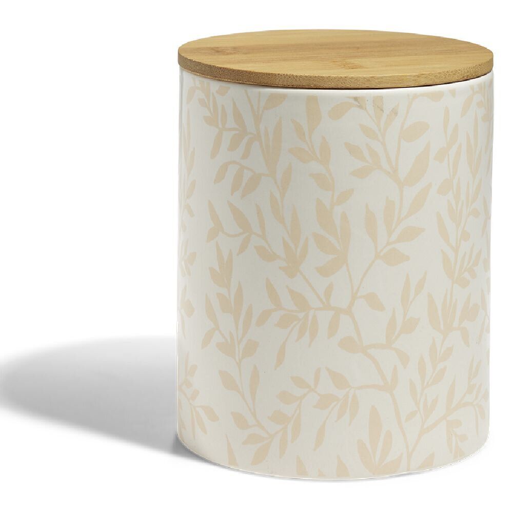 Pot de conservation 1,6L grès motif feuillage couvercle bambou Ø12xH14,5cm