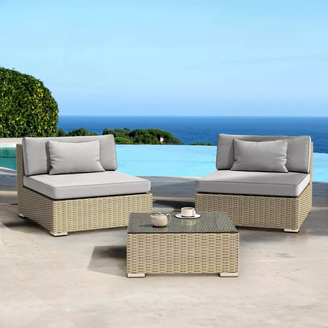 Salon de jardin en résine tressée 2 places 3 pcs Palma Gris