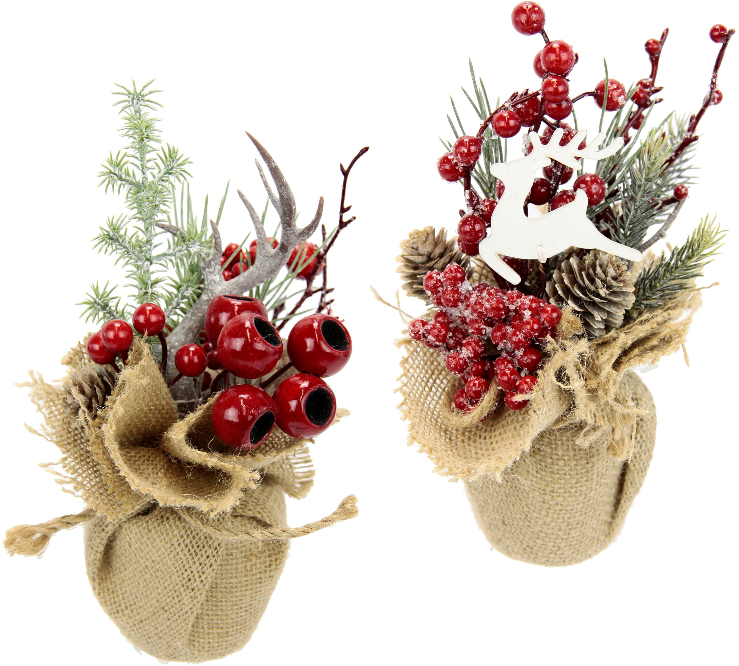 I.GE.A. Winterliche Kunstpflanze »Weihnachtsgesteck in Jute, Weihnachtsdeko im 2er Set,« Kunstblumen-Arrangement 1x mit Horn und 1x  mit Hirsch
