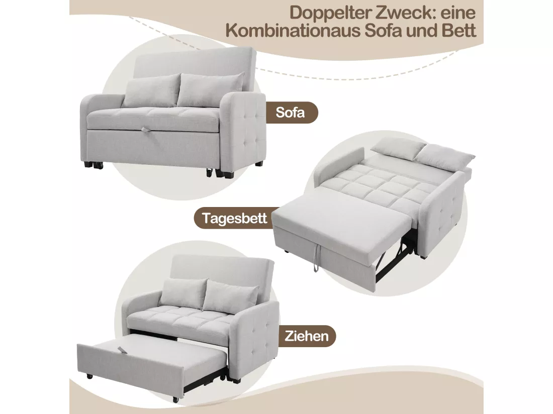 Canapé convertible 2 places, Canapé-lit pliant en tissu lin - 127 x 75 x 94 cm - avec fonction sommeil - Gris clair