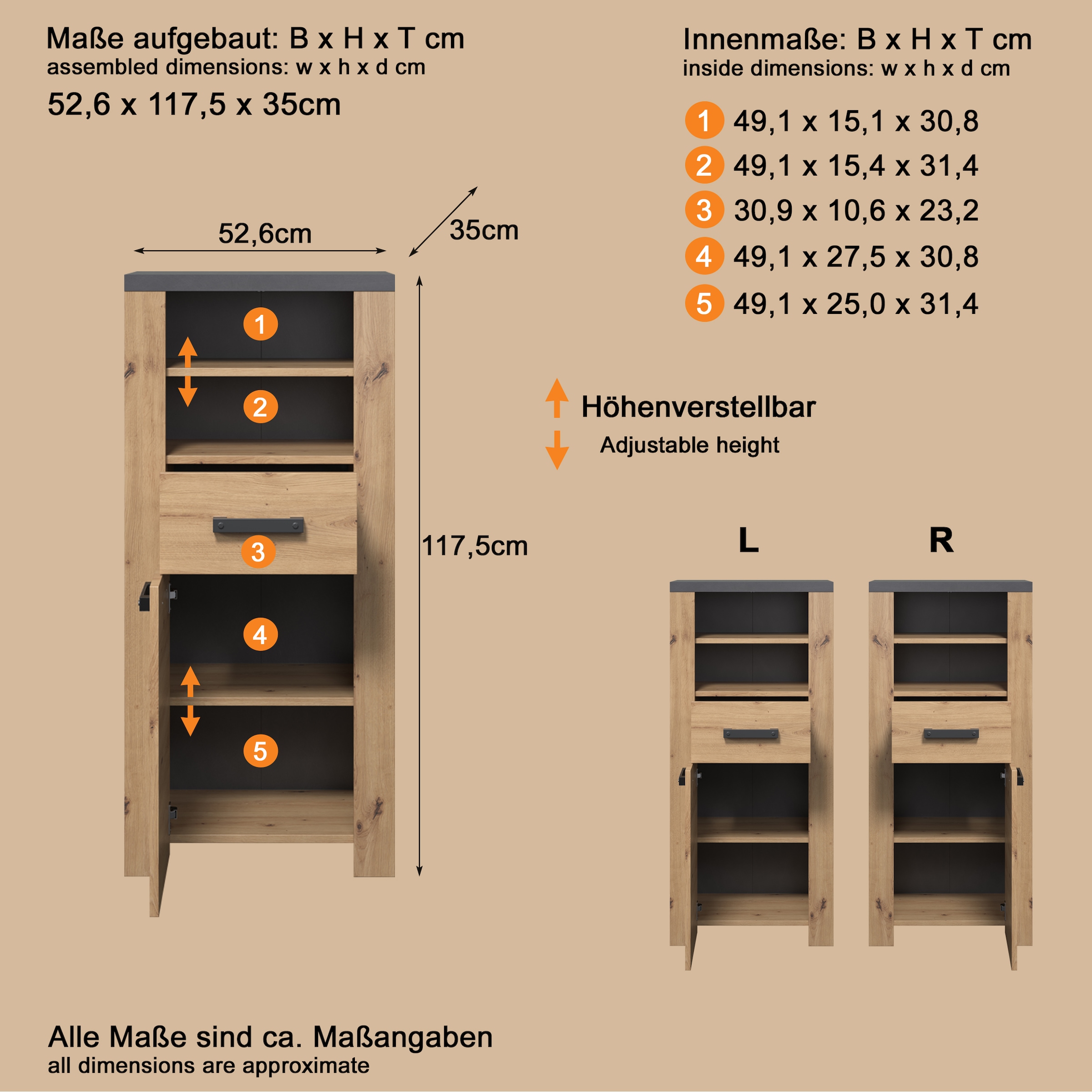 welltime Midischrank »Ambres« 1 Stk. tlg. Badschrank in matter Echtholzoptik - Masse (B/T/H) 53/35/118 cm