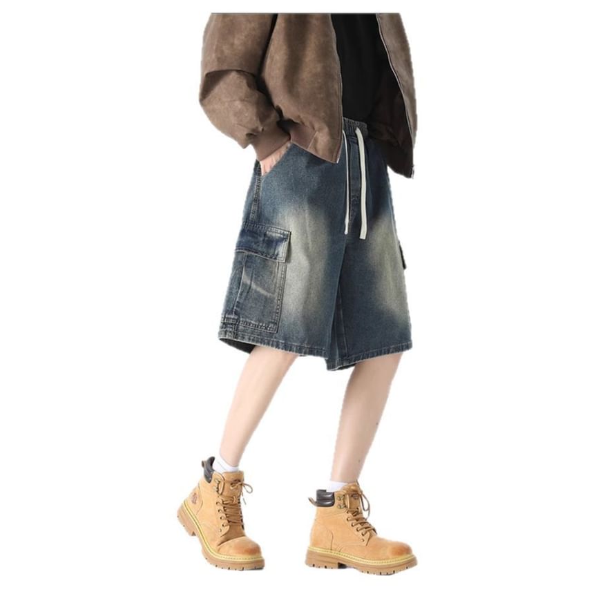 Lefitt - Mid Rise Washed Denim Cargo Shorts