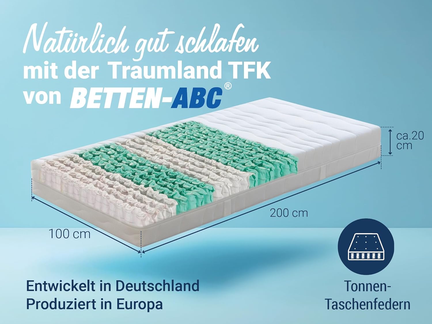 Betten-ABC - Taschenfederkern-Matratze (Traumland TFK) - 100x200 cm - 7-Zonen Matratze aus Tonnentaschenfedern - Hypoallergen & Antibakteriell - Oeko-TEX® Zertifiziert - Lieferung per Paket