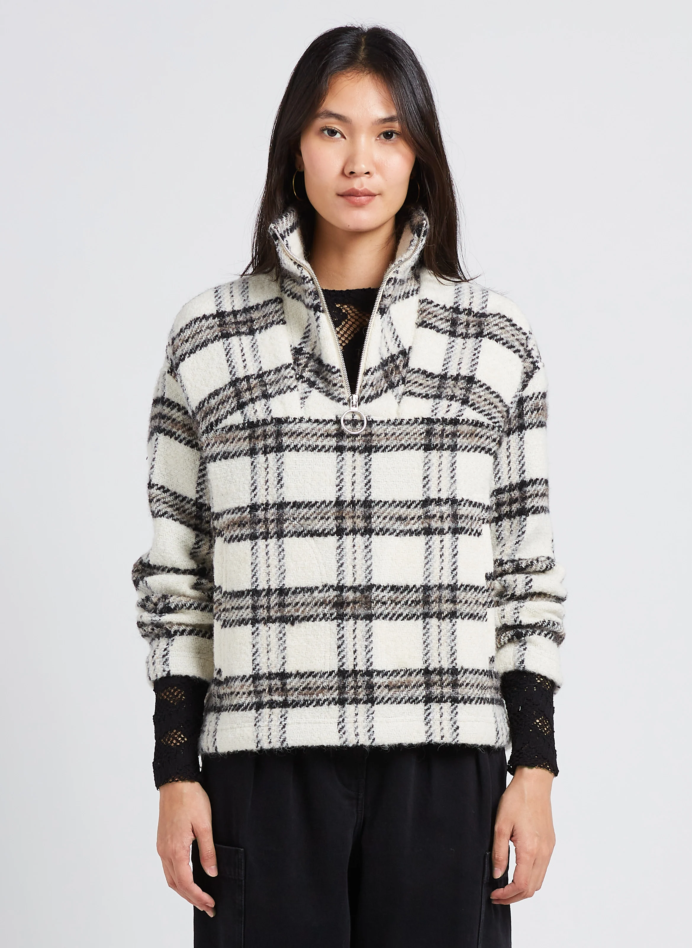 BIKA - Sweat col camionneur à carreaux en laine mélangée | Beige