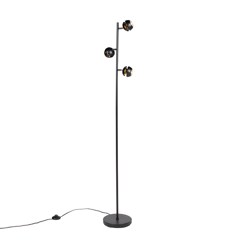 Moderne vloerlamp 3-lichts zwart met gouden binnenkant - Buell Deluxe