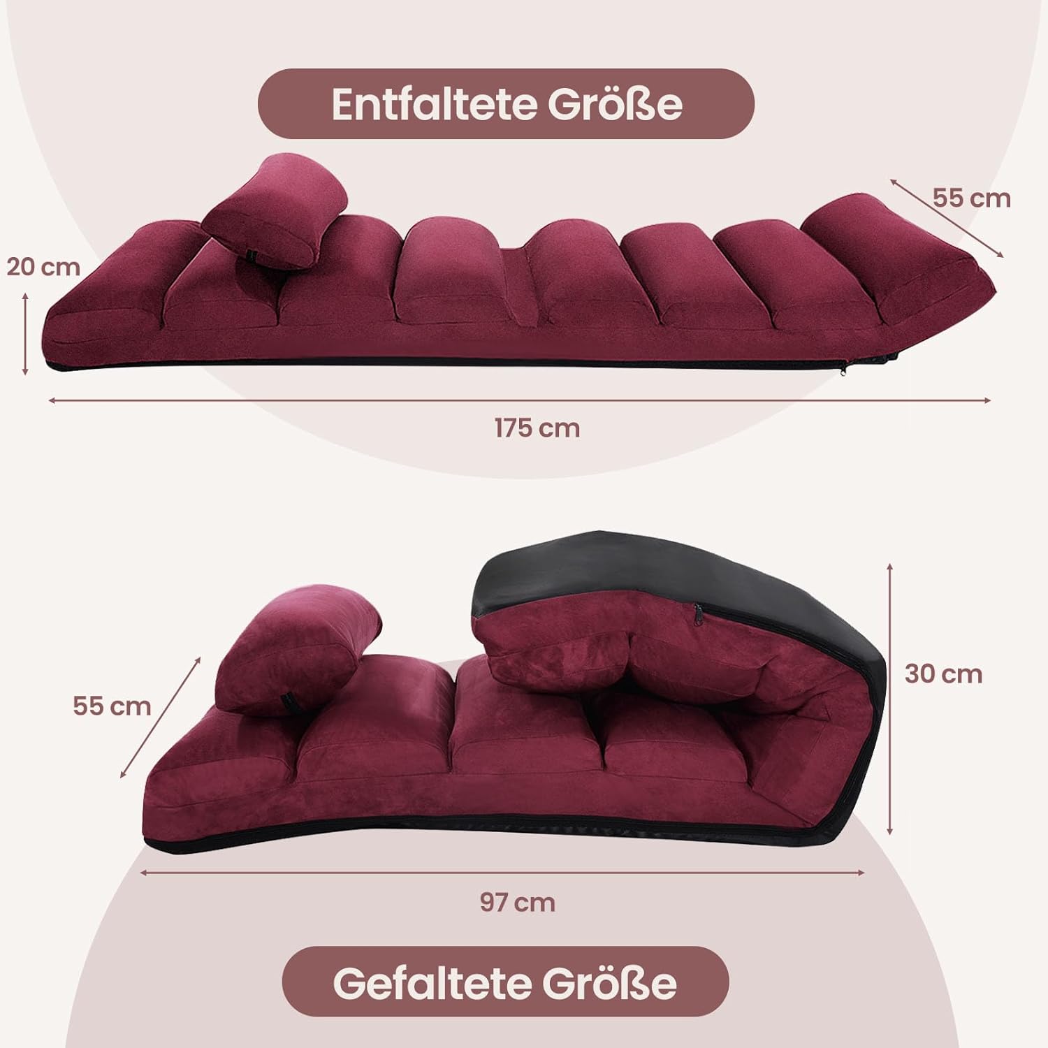 COSTWAY Relaxliege klappbar, Bodenstuhl mit Verstellbarer Rückenlehne, Bodenliege mit Schlaffunktion, Bodensofa, Bodensessel für Gaming, Schlafen, Lesen, Rot