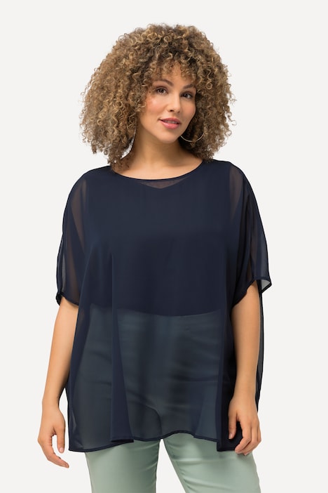 Chiffonbluse, Oversized, Rundhals, Halbarm