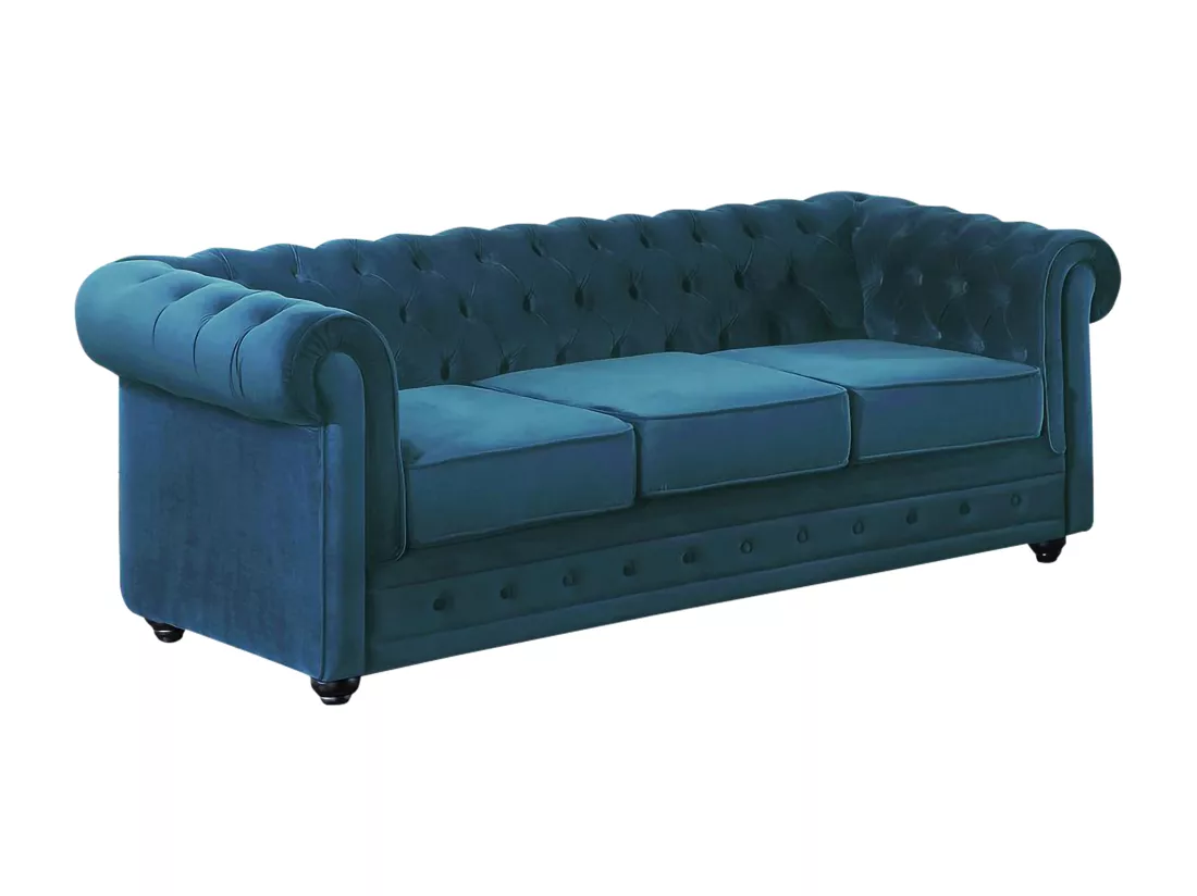 Canapé 3 places CHESTERFIELD - Velours bleu canard