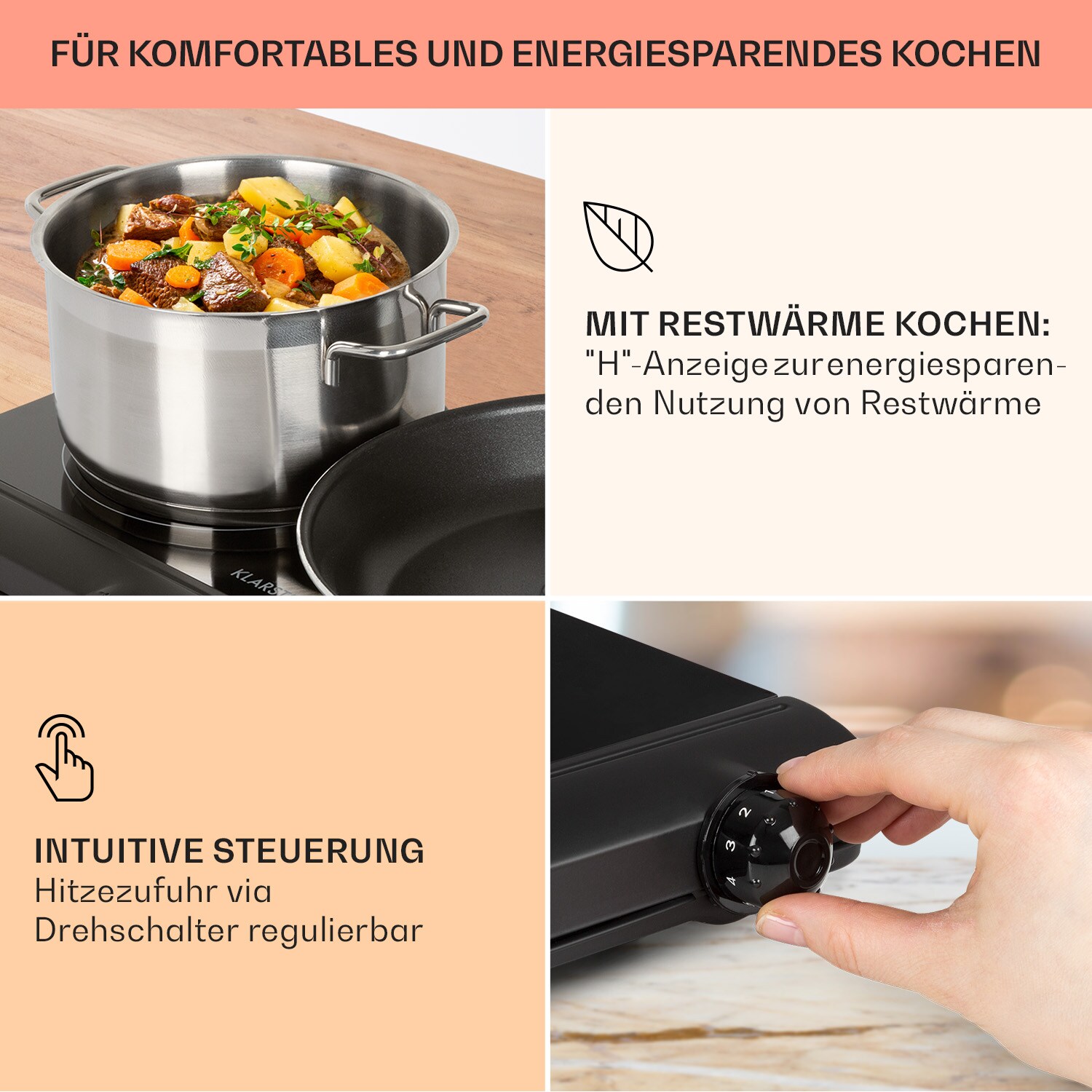 Cookbuddy Doppel-Kochfeld 2400W 5 Leistungsstufen Glaskeramik Schwarz
