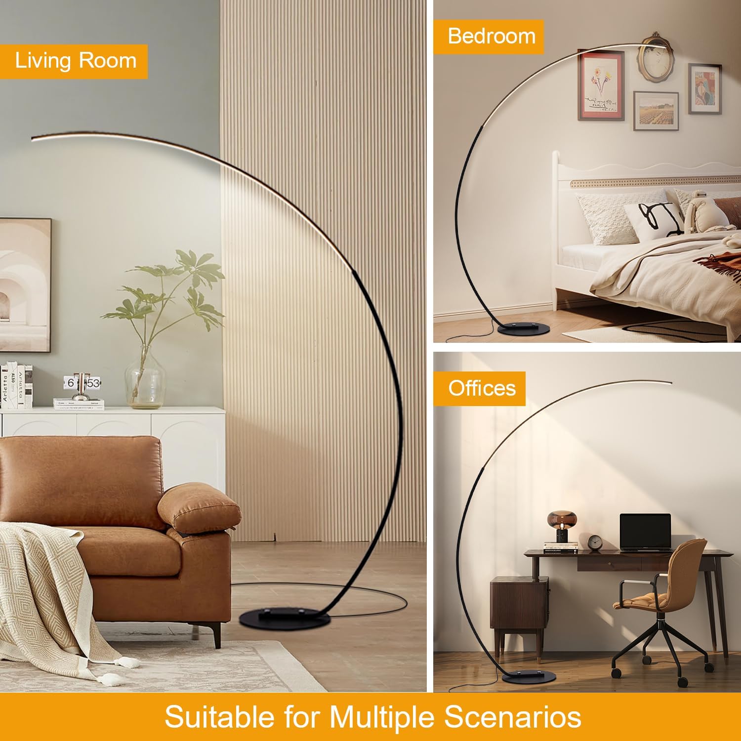 LED Stehlampe Dimmbar Bogenlampe Wohnzimmer, 25W Schwarz Stehleuchte mit Fernbedienung, Modern Bogenleuchte 3 Farbtemperaturen & Memory-Funktion, Ecke Leselampe für Sofa Büro Schlafzimmer, 170CM