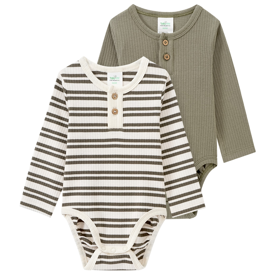 Topomini Pure Collection 2 Baby Langarmbodys mit Rippstruktur cremeweiss / oliv