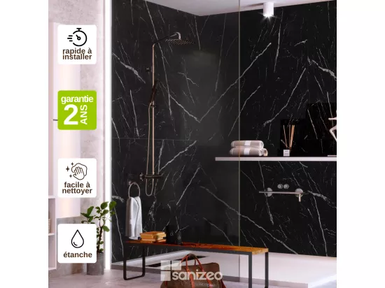 Lot de 2 Panneaux d'Habillage pour Douche et Baignoire, L120*l120*0.4 cm, effet marbre noir, Infinite Black by SANIZÉO