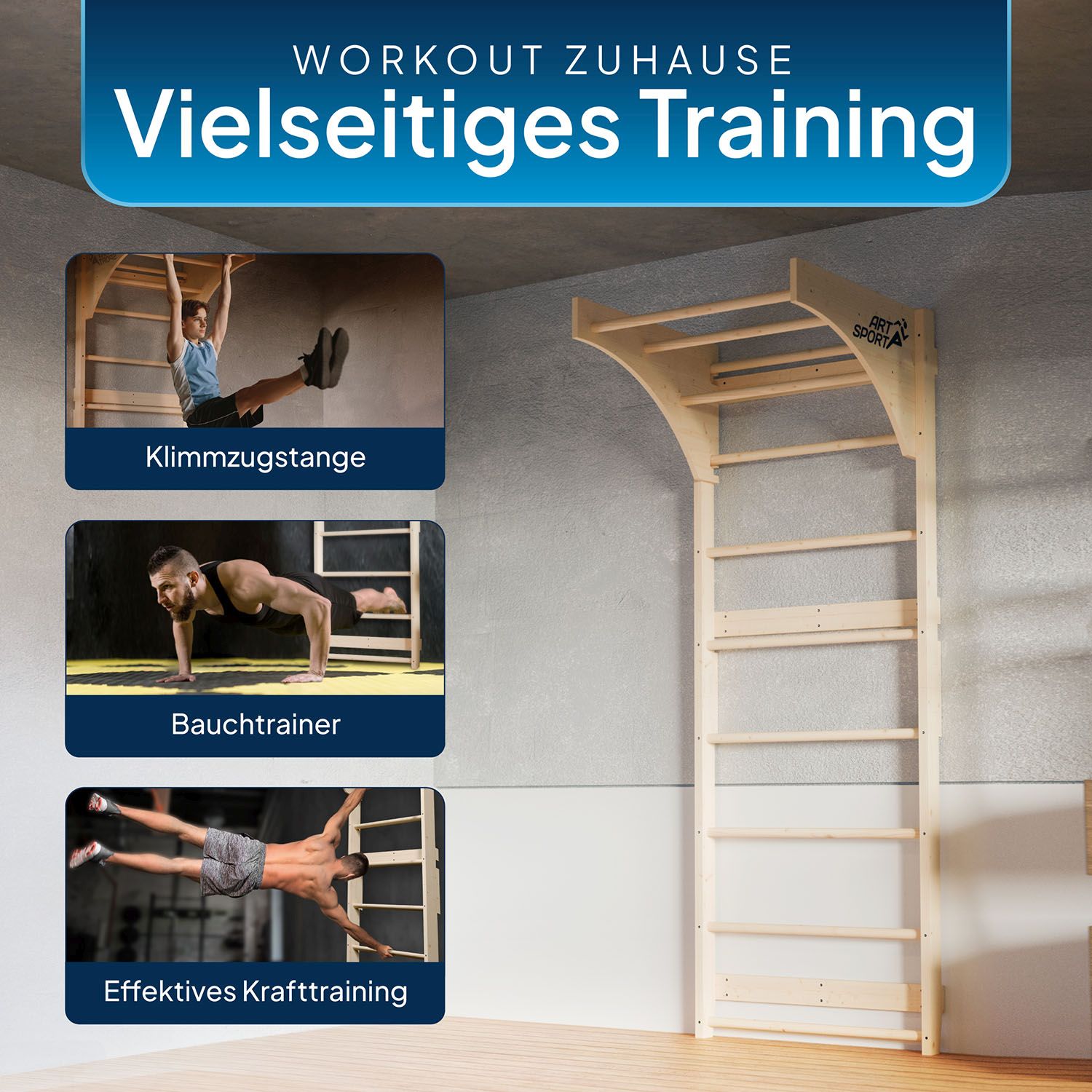 ArtSport Sprossenwand für Erwachsene - Indoor Klettergerüst aus Holz mit Klimmzugstange - Natur