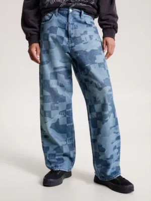 Calça jeans de perna larga com detalhes a laser