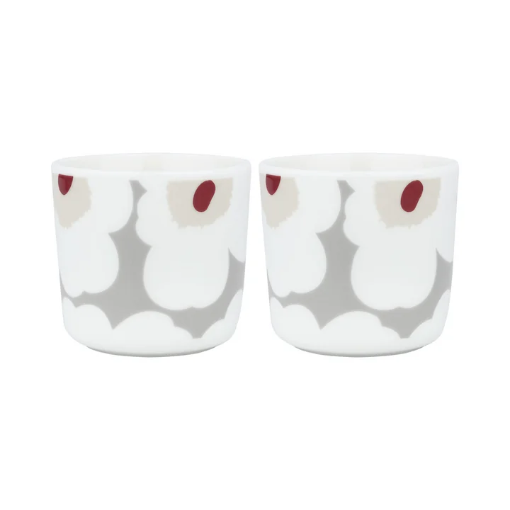 Marimekko - Oiva Unikko Becher, 200 ml, weiss / hellgrau / rot (2er-Set) (Pre-Spring 2024)