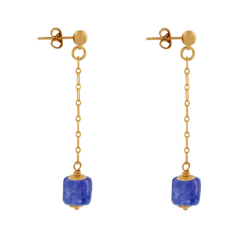Boucles d'Oreilles Chainette Laiton Doré et Cube en Céramique