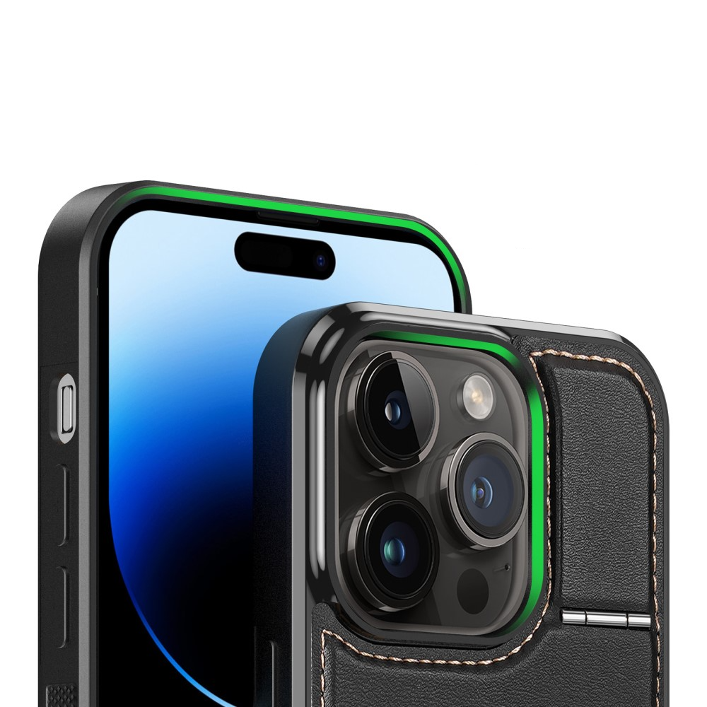 iPhone 14 Pro MagSafe Hybrid Leder Hülle mit Kartenfach   Kickstand Aufsteller (RFID Schutz) - Schwarz