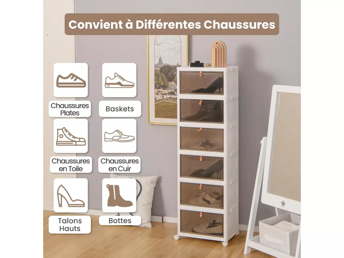 Boîte Rangement Plastique 90L, 6 Caisses de Rangement Pliables avec 4 Roulettes et Couvercles, Boite Empilable pour Chaussures, Jouets, Caisse pour Chambre, Salon, Cuisine (90L)