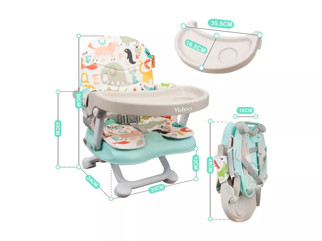 Réhausseur Chaise Enfant Pliable,Chaise Haute Bébé Portable,Bébé Chaise repas en Hauteur Réglable,Plateau Amovible,6 mois à 3 ans,Vert avec Coussin