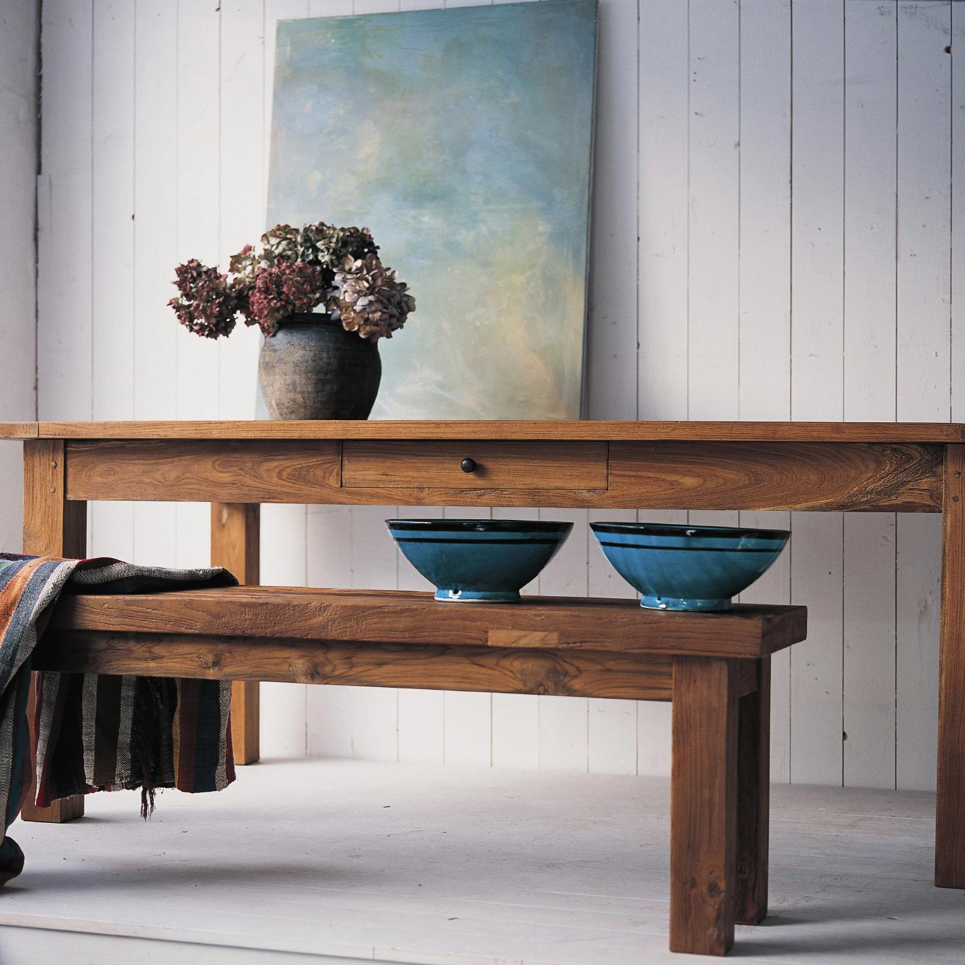 Esstisch aus recyceltem Teak mit Schublade, natur, L 200 cm, B 100 cm, H 79 cm von fischer's lagerhaus
