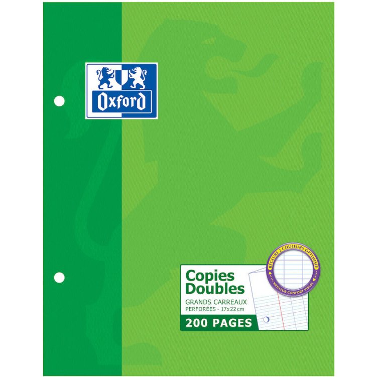 Copies doubles Oxford 17x22cm grands carreaux Seyès 200 pages étui carte vert
