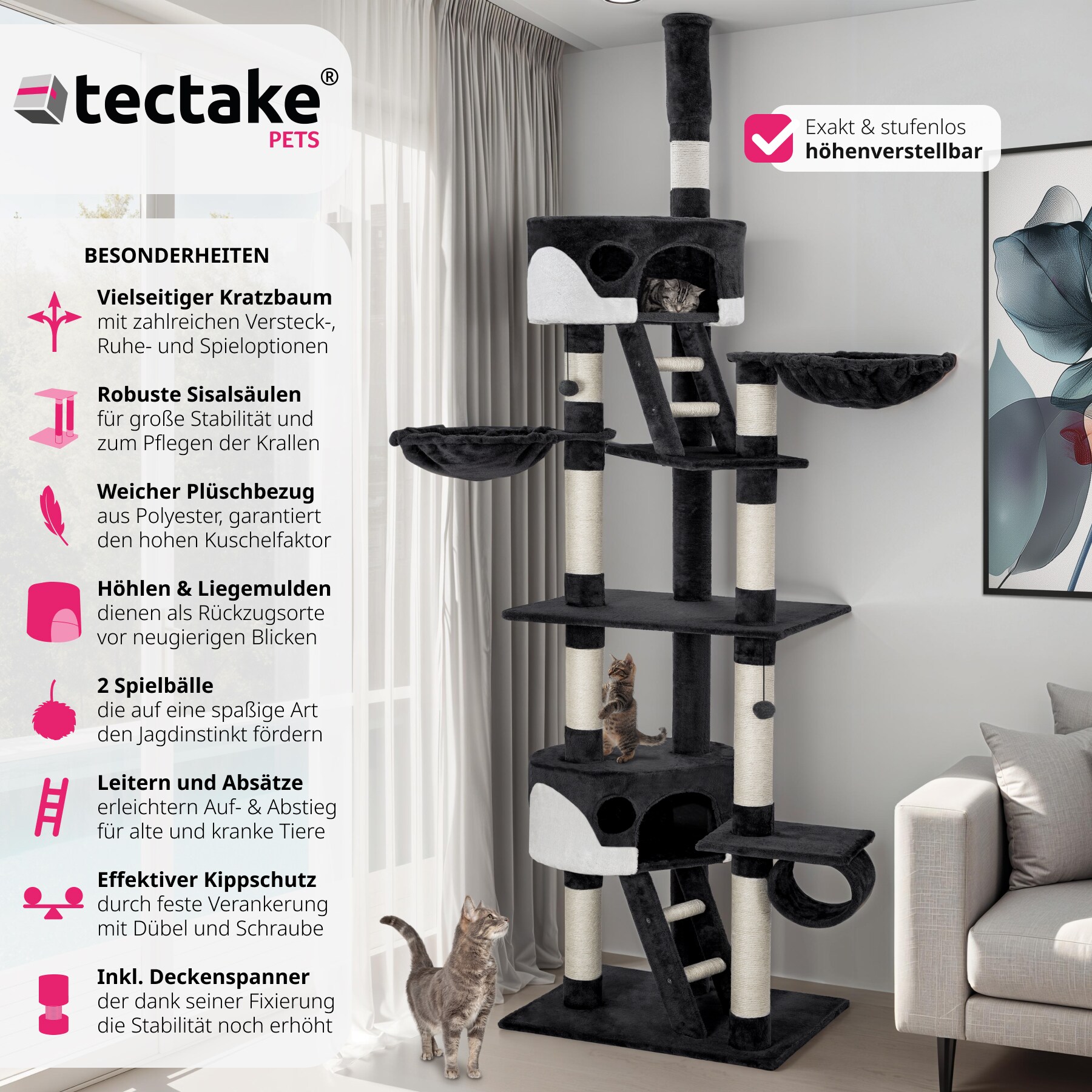 tectake® Kratzbaum, 243 bis 260 cm, mit 2 Katzenhäusern, inklusive 2 Treppen, 2 Spielbällen, Deckenspanner und Kippschutz