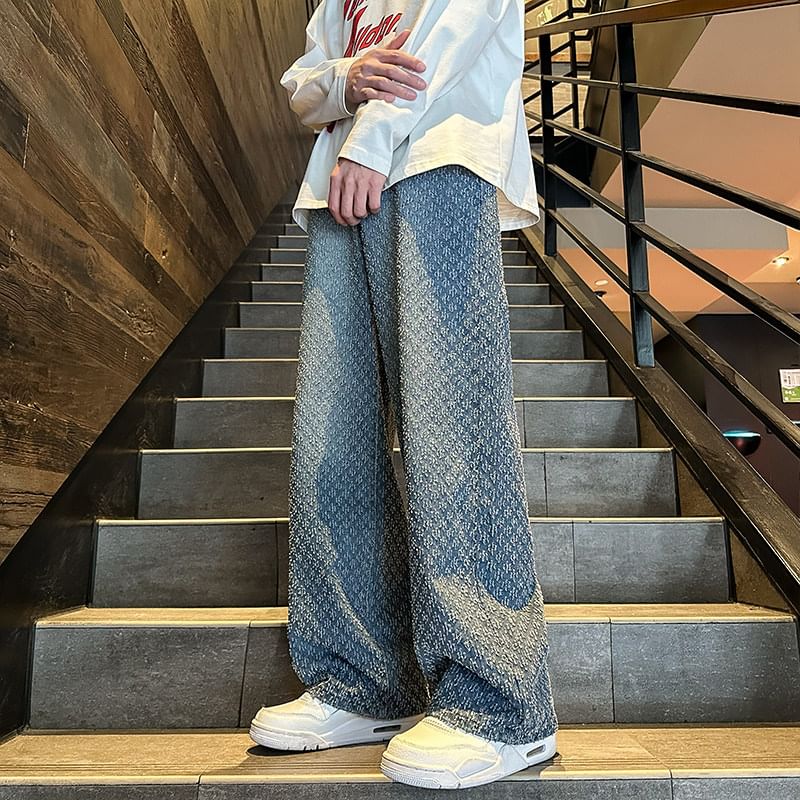 emeisa - Mid Rise Jacquard Washed Wide Leg Jeans